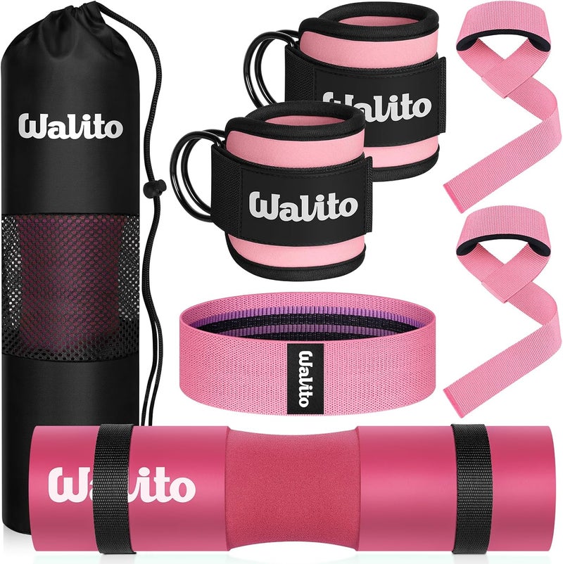WALITO 7Pcs Barbell Pad Set for Hip Thrust - Squat Pad,Gym Accessories for Women with Bar Bad,Bench Press, with Gym Ankle Straps,Resistance Bands for Working Out,Lifting Strap,Carry Bag - Image 1